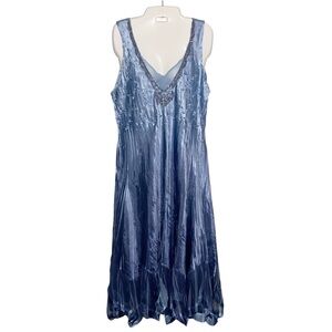 Komarov Dress Womens XL USA Made Blue Crinkle Fairy Feminine Beaded Midi Boho